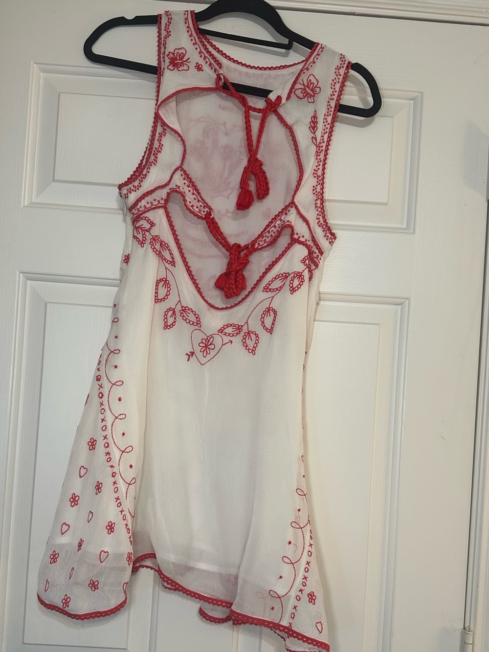 Free People Love Letters Mini Dress Ivory Red Embroidered Open Back Tassel M - Picture 8 of 16